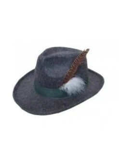 Jagershoed Grijs Met Brede Rand En Veren, Zware Kwaliteit Vilt